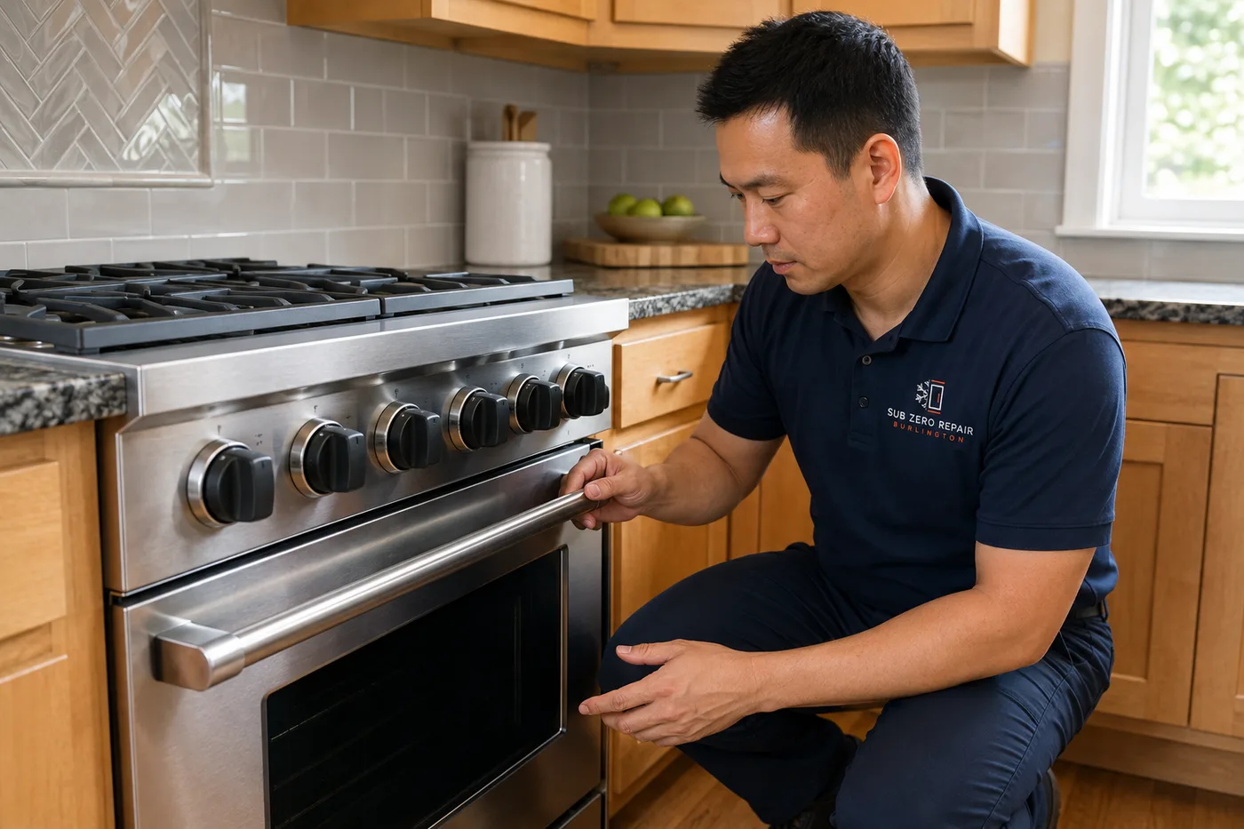 Technician inspecting a premium appliance in a residential kitchen