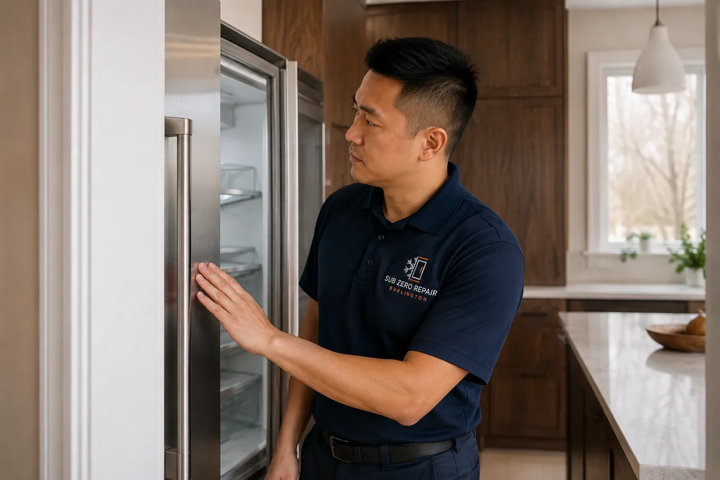 Technician inspecting a refrigerator in a residential kitchen