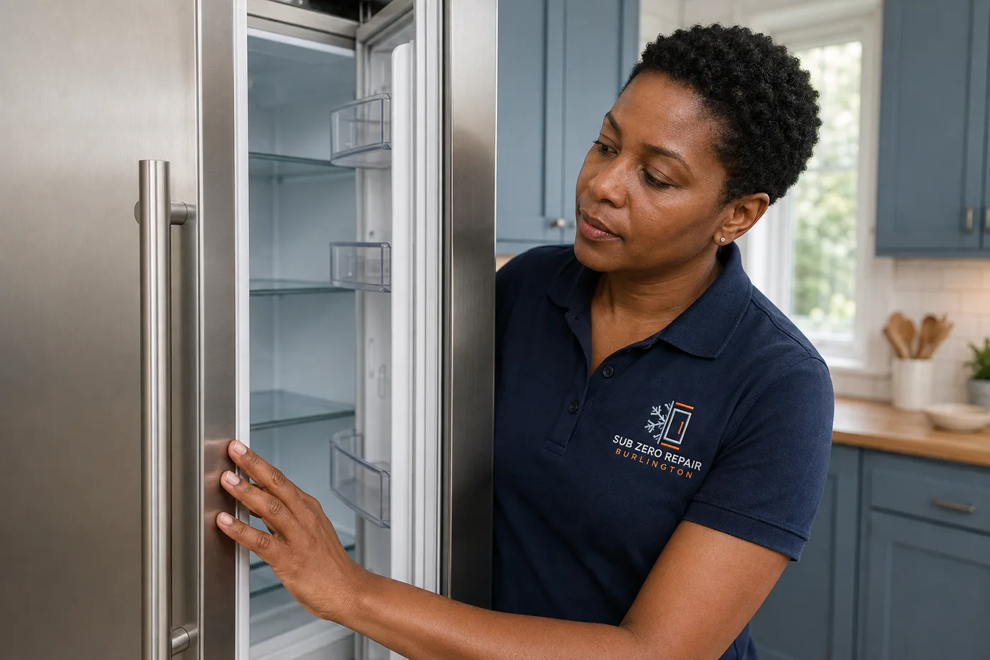 Technician inspecting a premium appliance in a residential kitchen