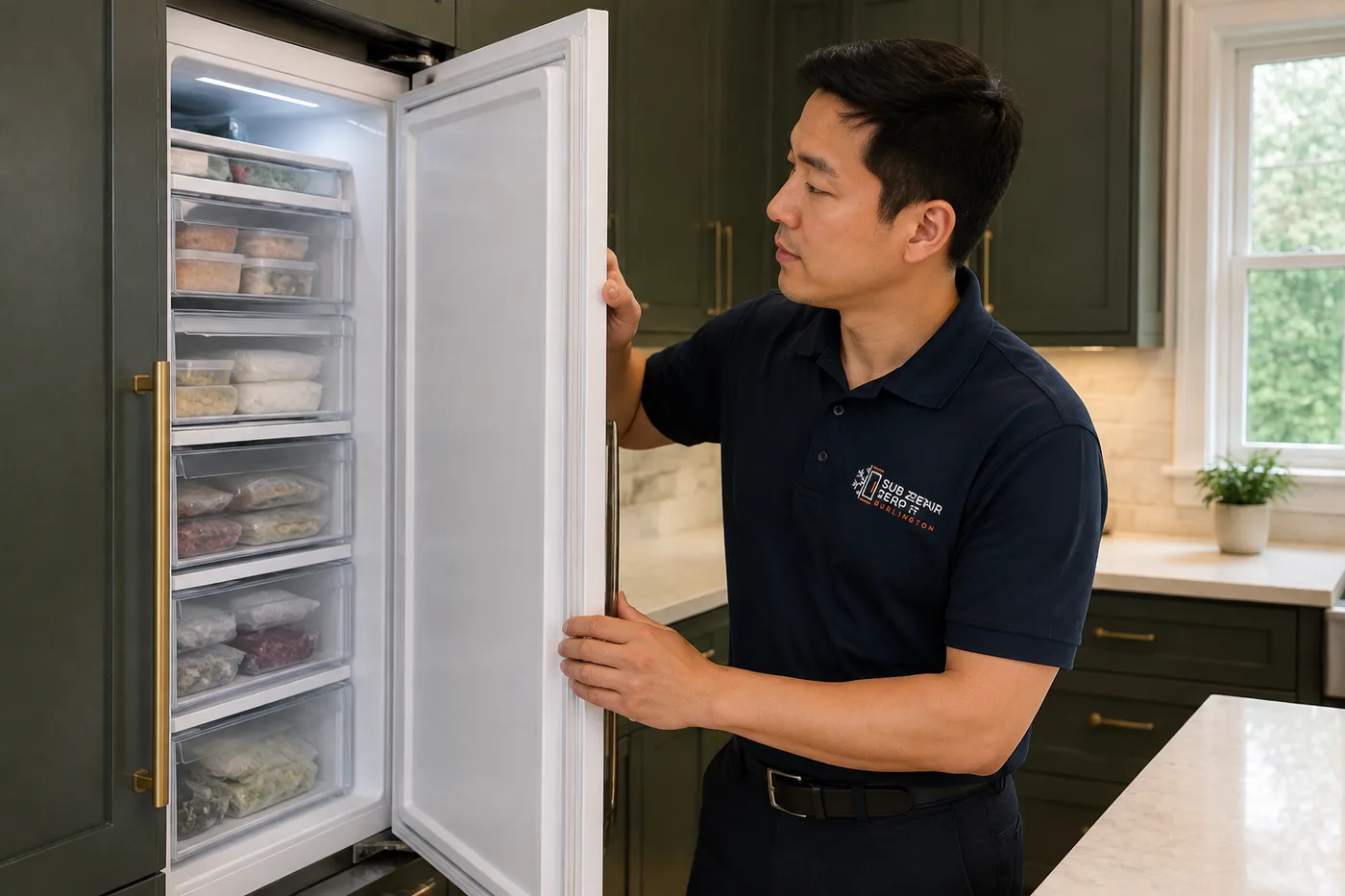 Technician inspecting a premium appliance in a residential kitchen