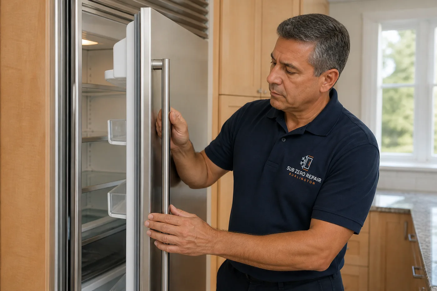 Technician inspecting a refrigerator in a residential kitchen