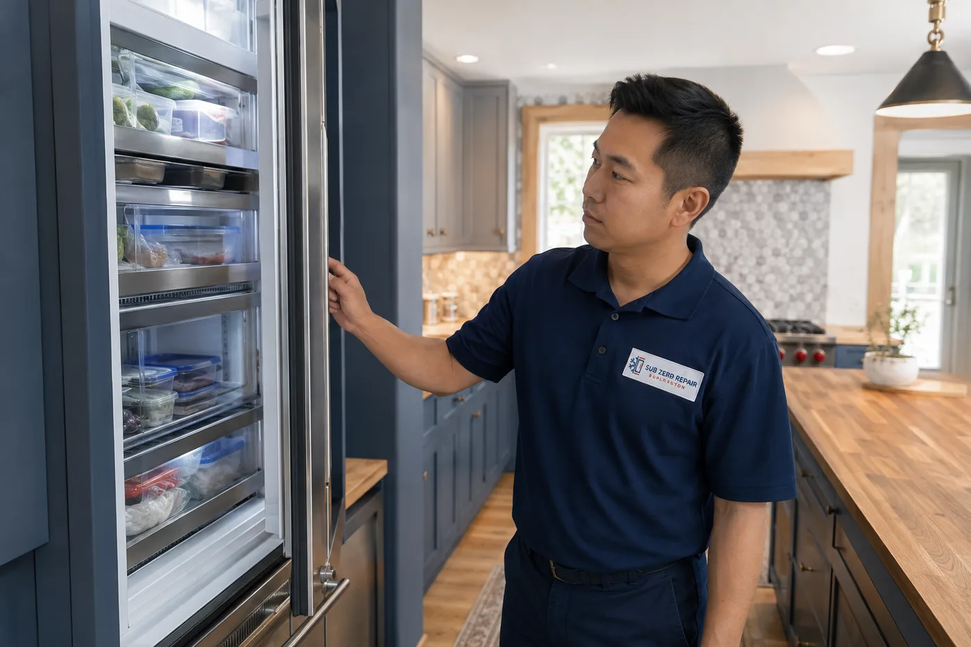 Technician inspecting a premium appliance in a residential kitchen
