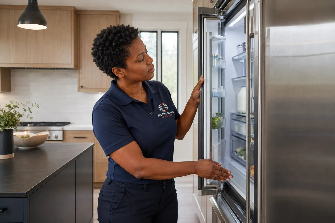 Technician inspecting a premium appliance in a residential kitchen