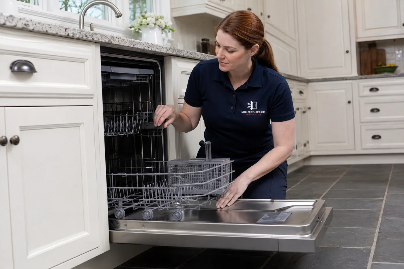 Technician inspecting a premium appliance in a residential kitchen