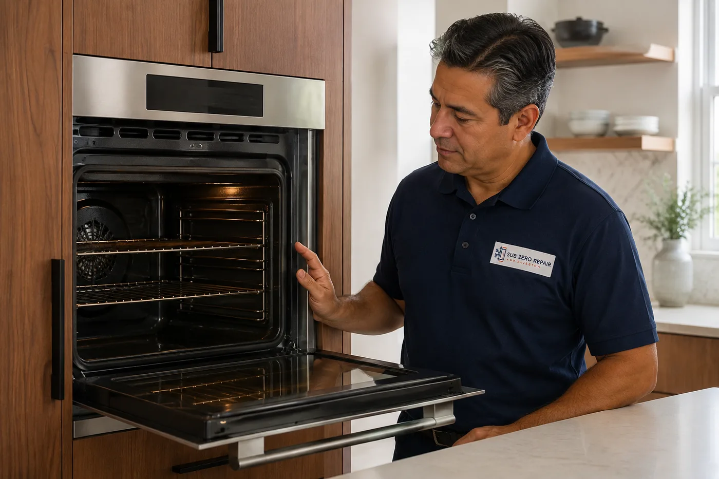 Technician inspecting a cooking appliance in a residential kitchen