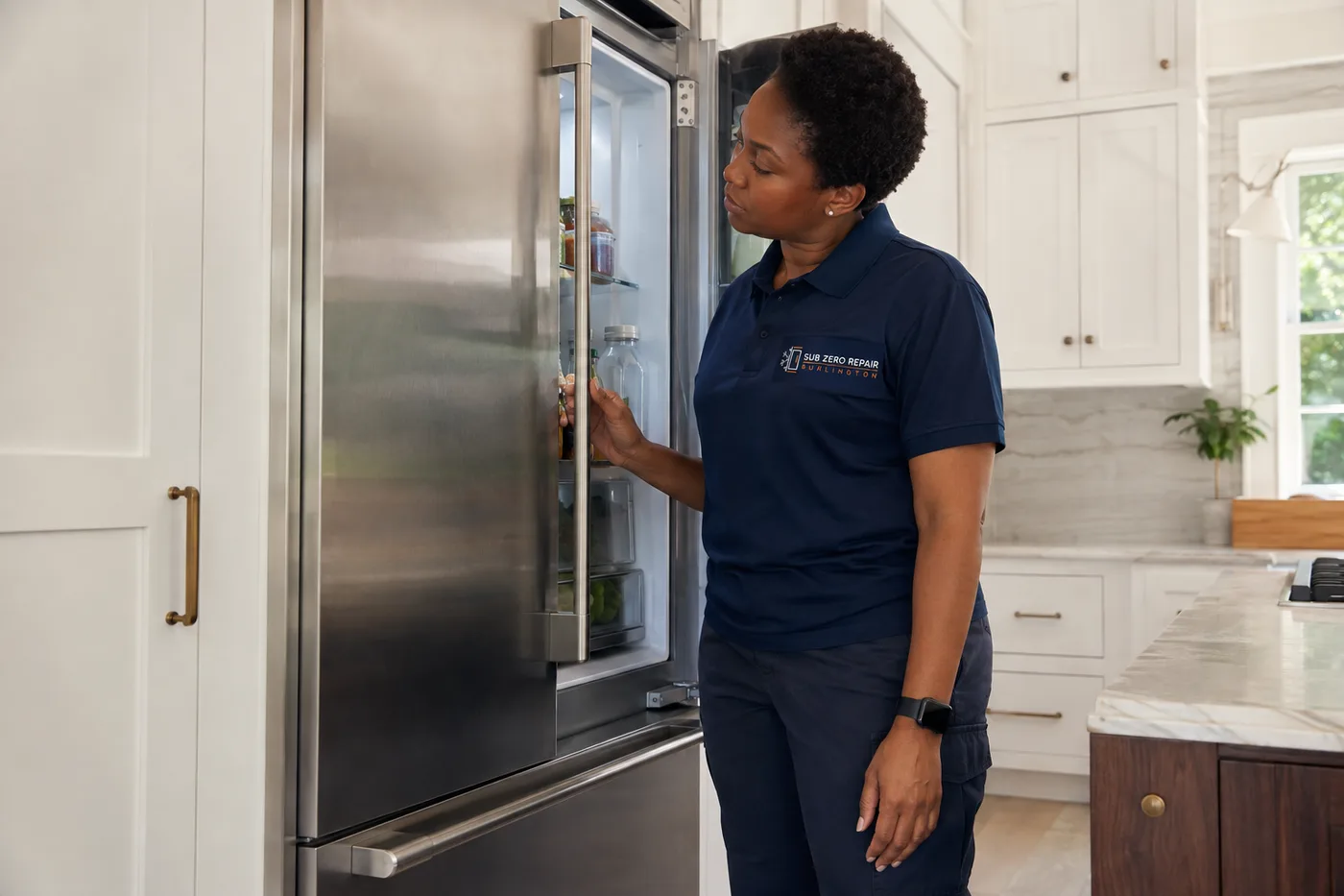 Technician inspecting a premium appliance in a residential kitchen
