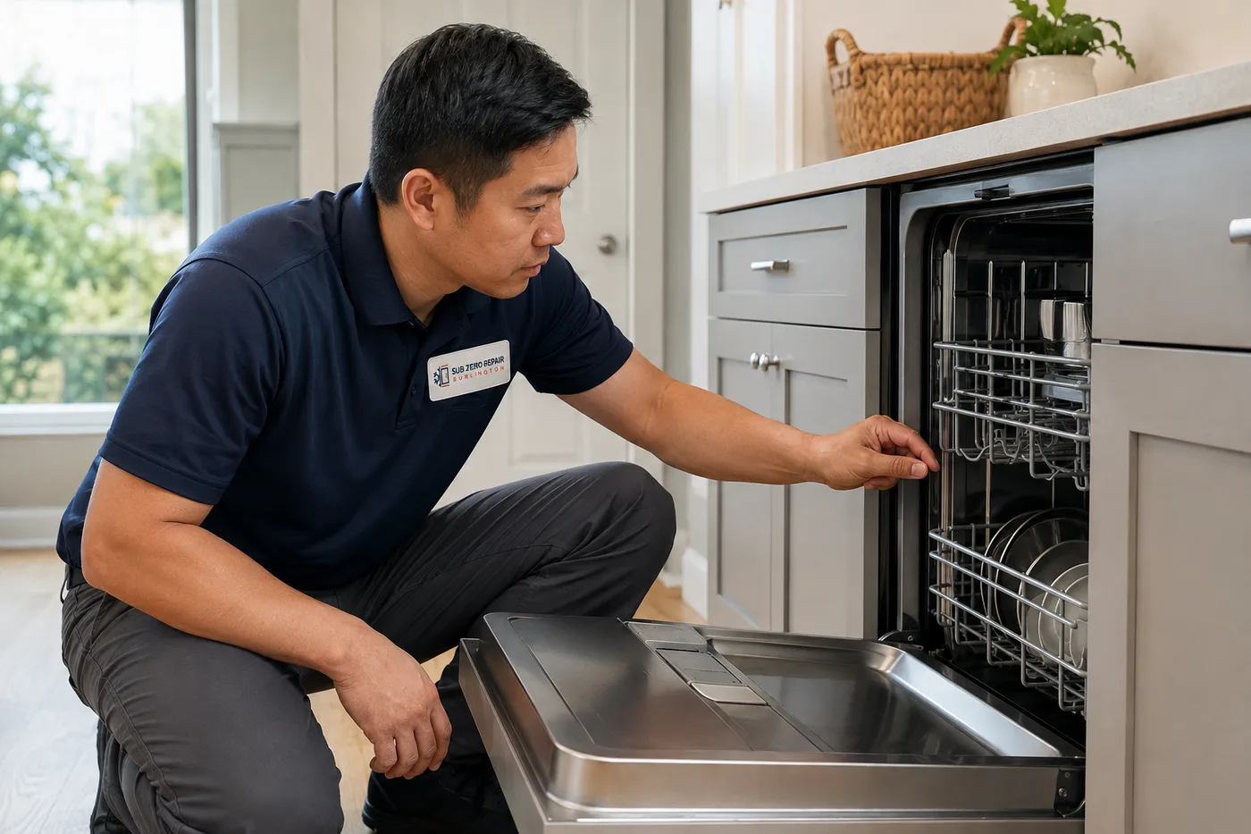 Technician inspecting a premium appliance in a residential kitchen