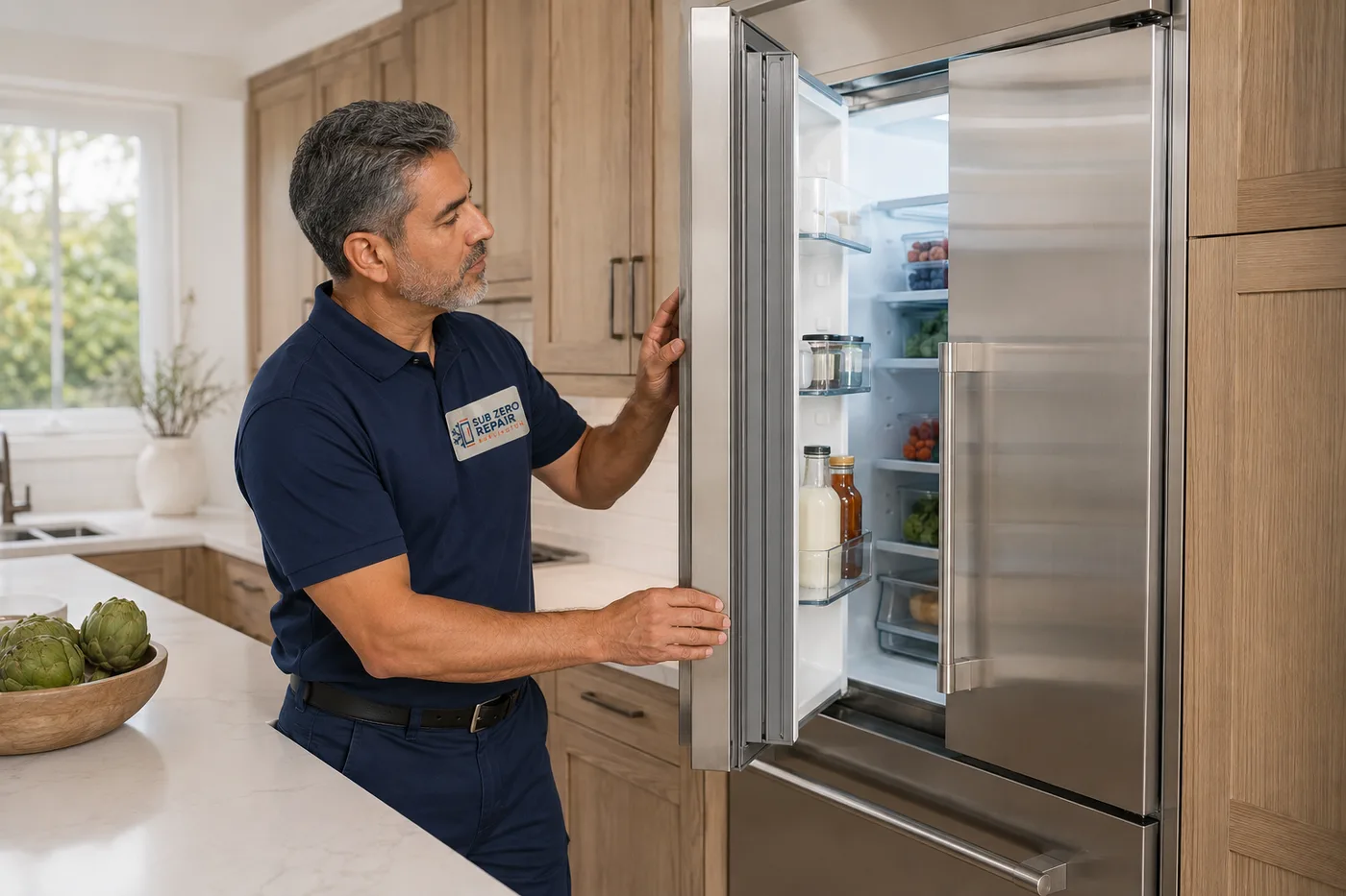 Technician inspecting a refrigerator in a residential kitchen