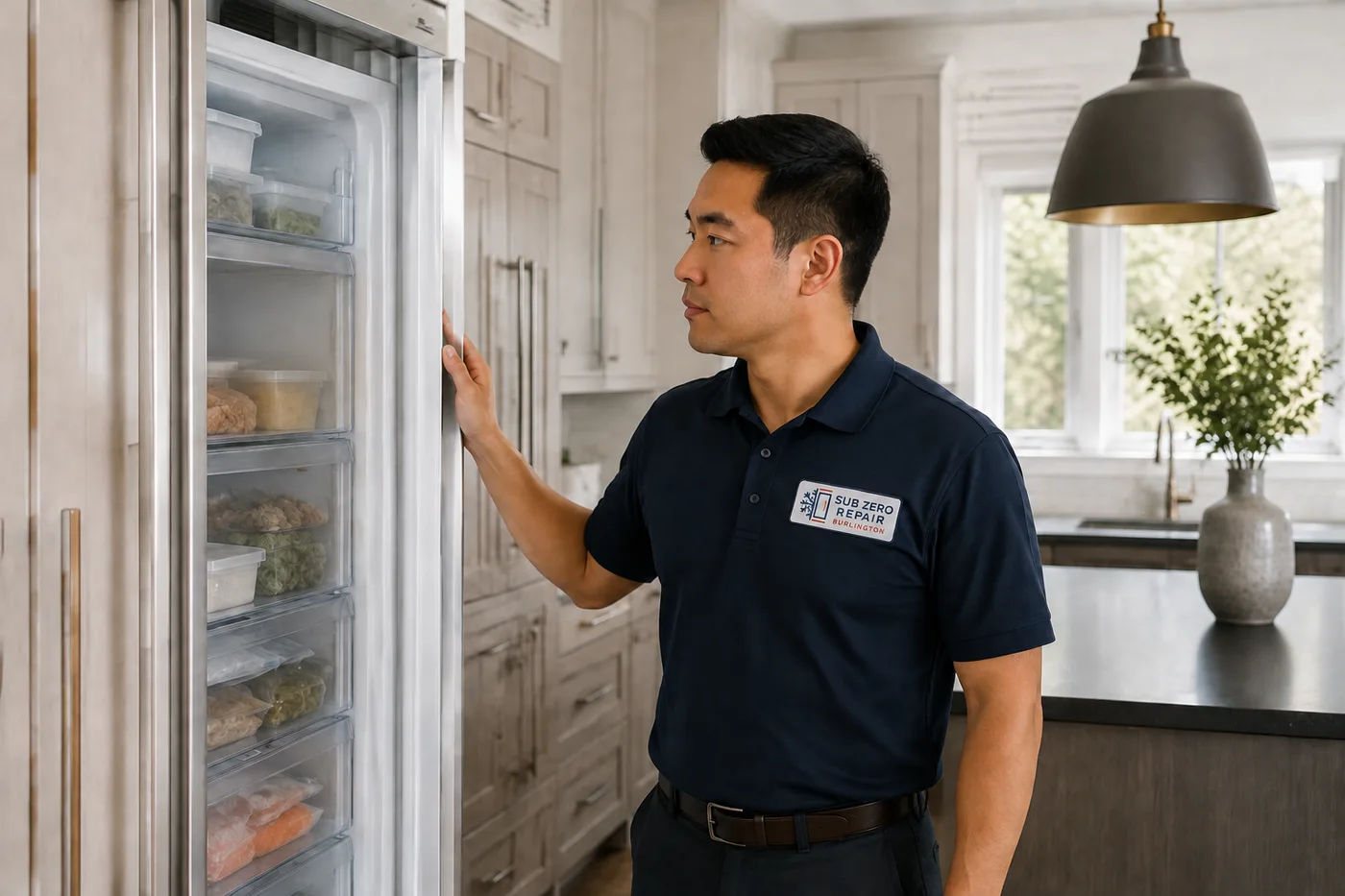 Technician inspecting a premium appliance in a residential kitchen