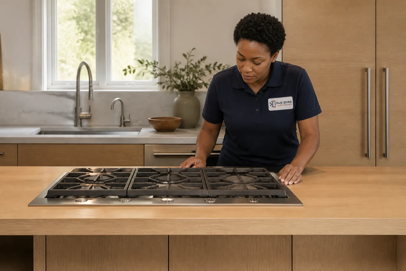 Technician inspecting a premium appliance in a residential kitchen