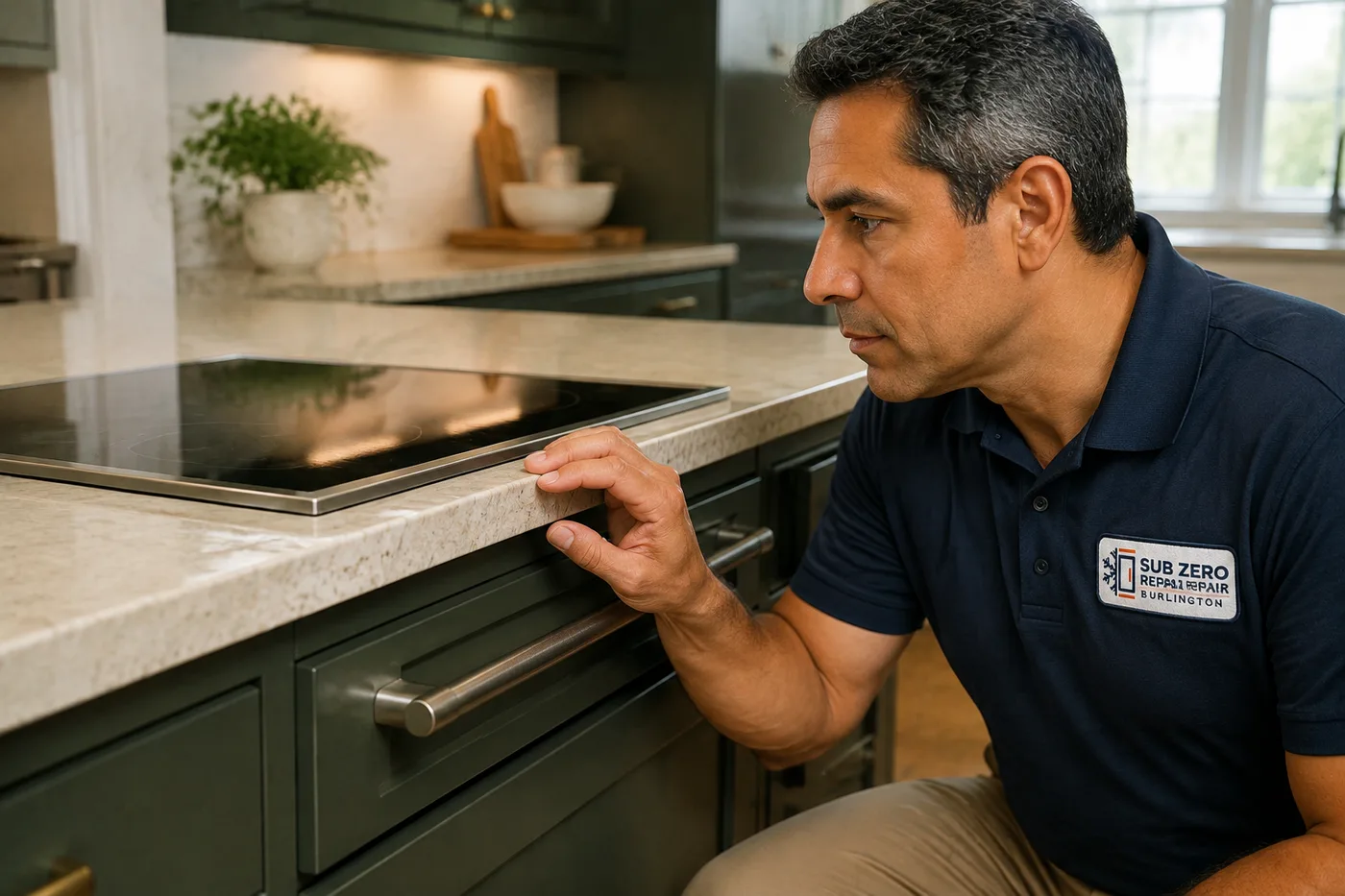 Technician inspecting a cooking appliance in a residential kitchen