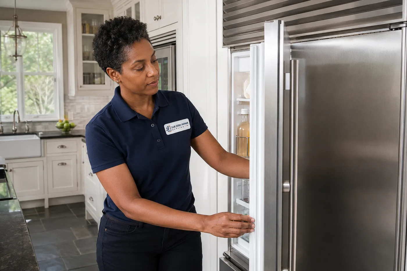Technician inspecting a premium appliance in a residential kitchen