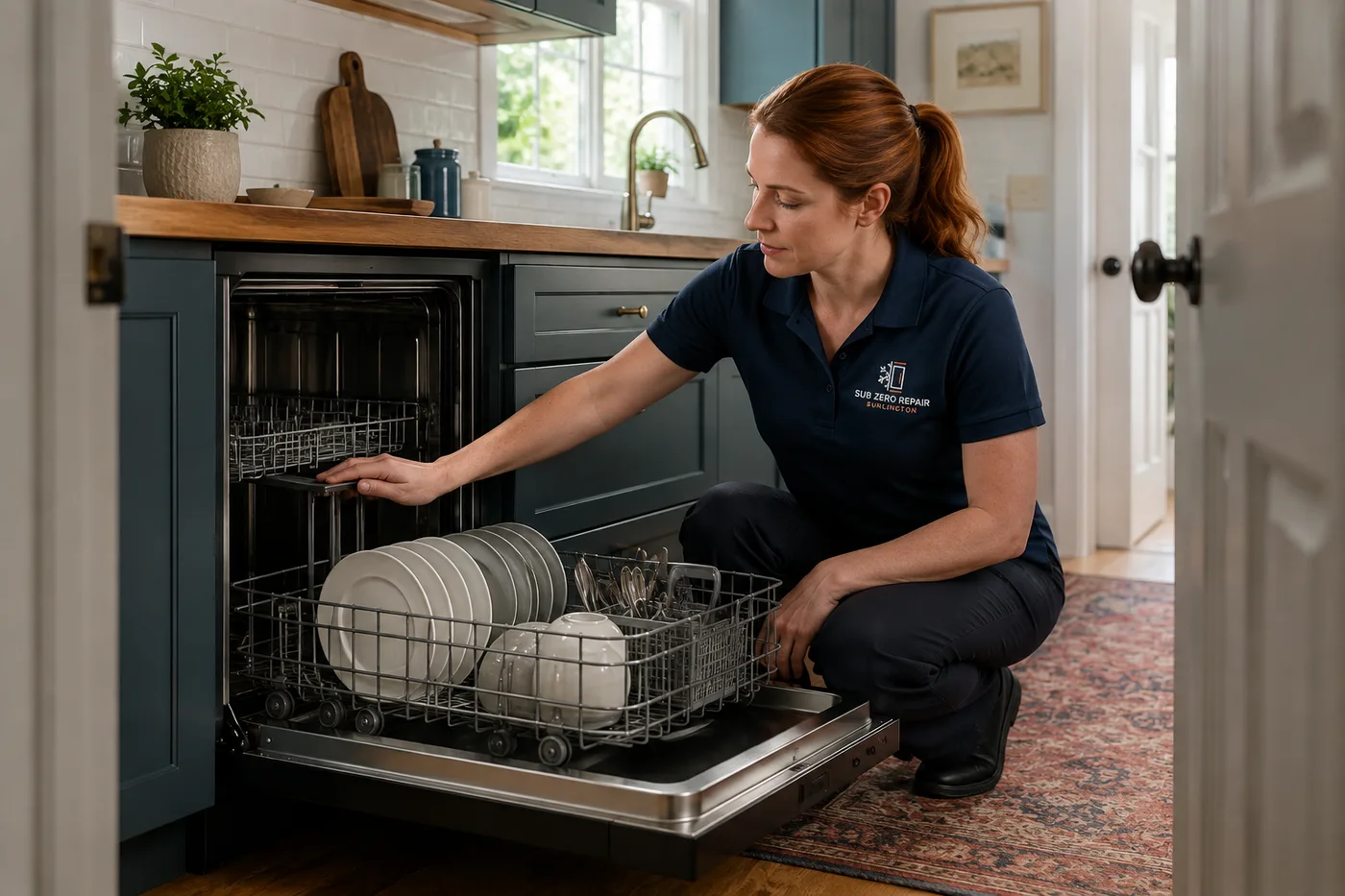 Technician inspecting a premium appliance in a residential kitchen