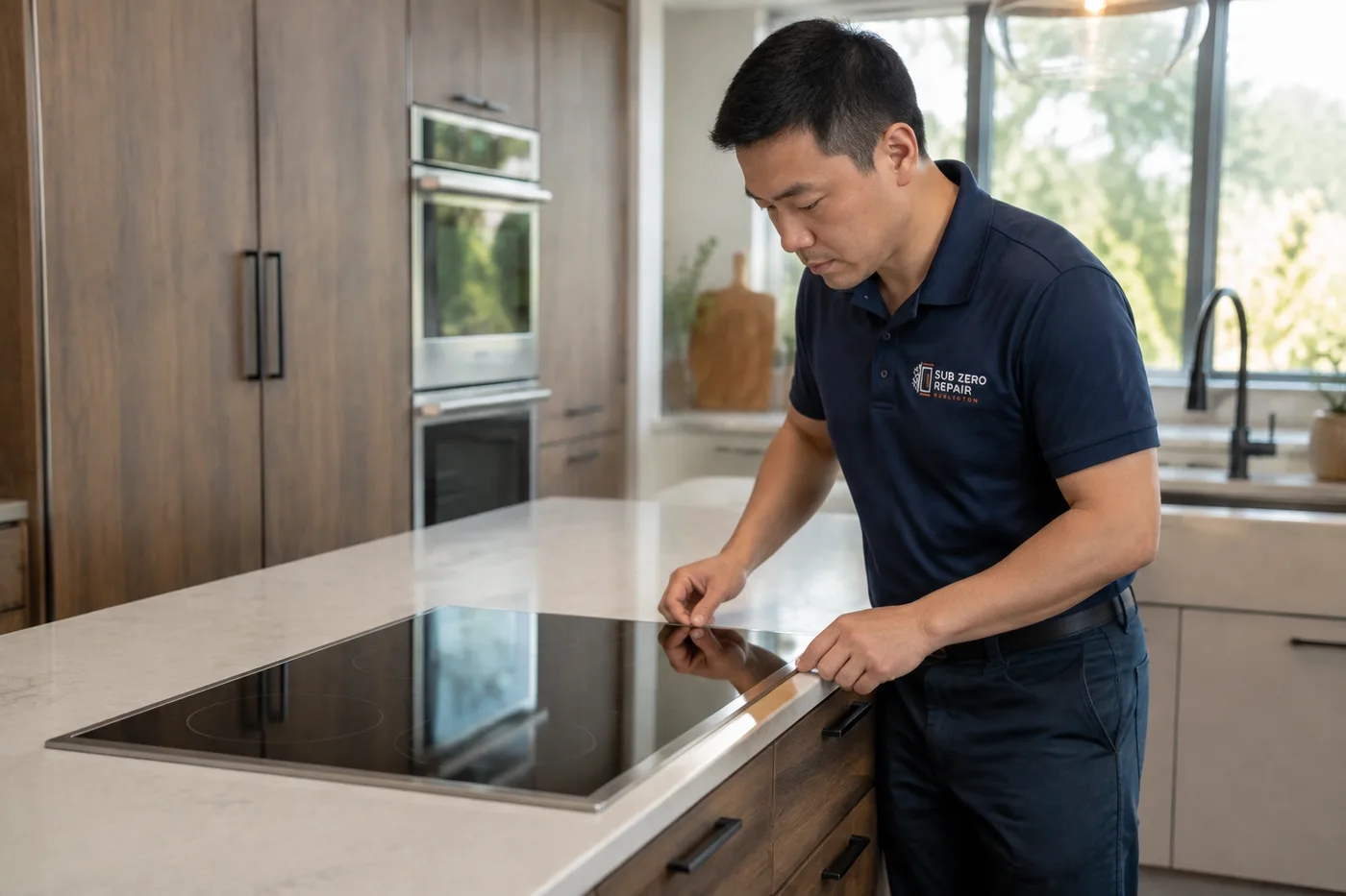 Technician inspecting a cooktop in a residential kitchen