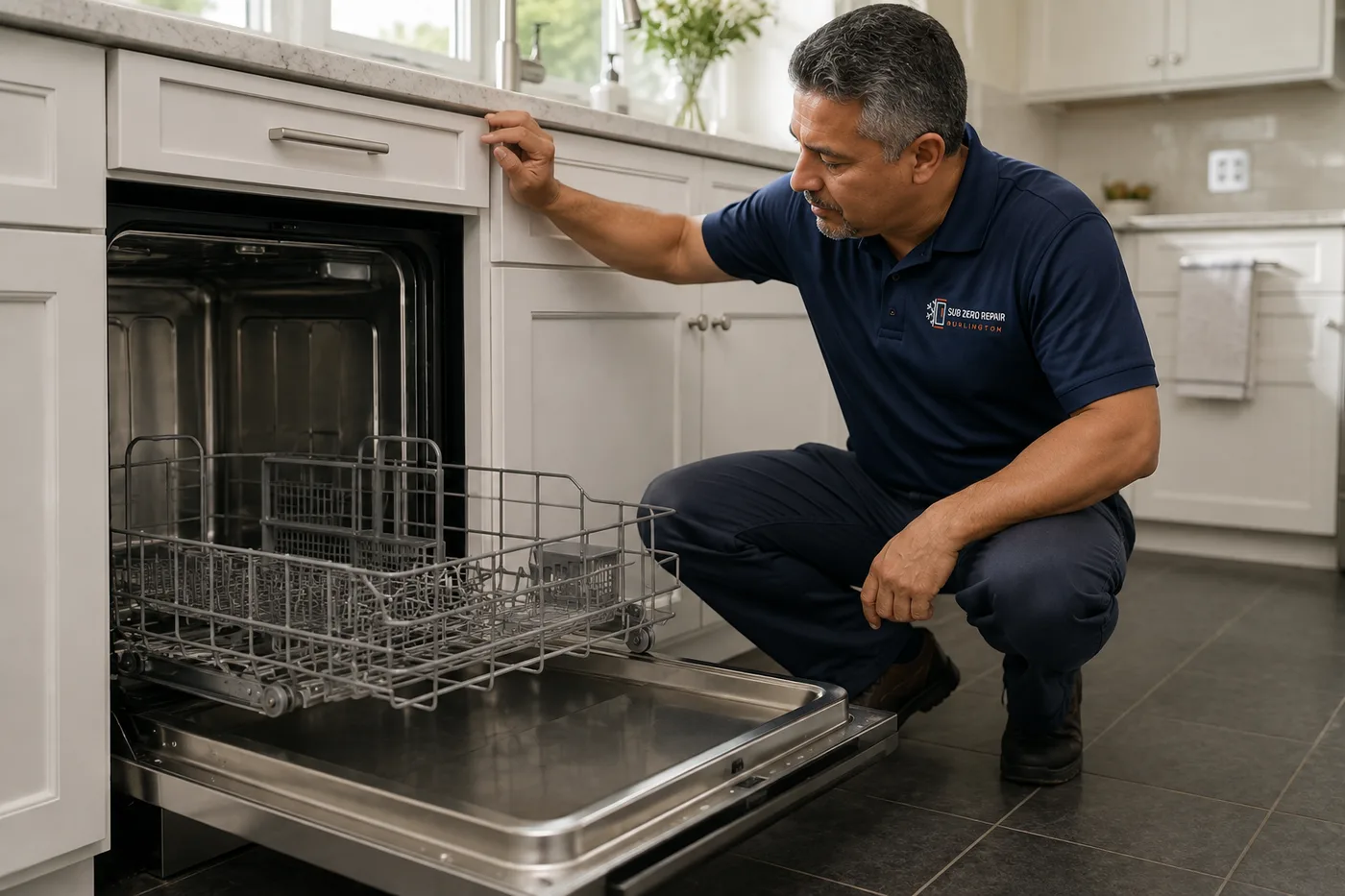 Technician inspecting a dishwasher in a residential kitchen
