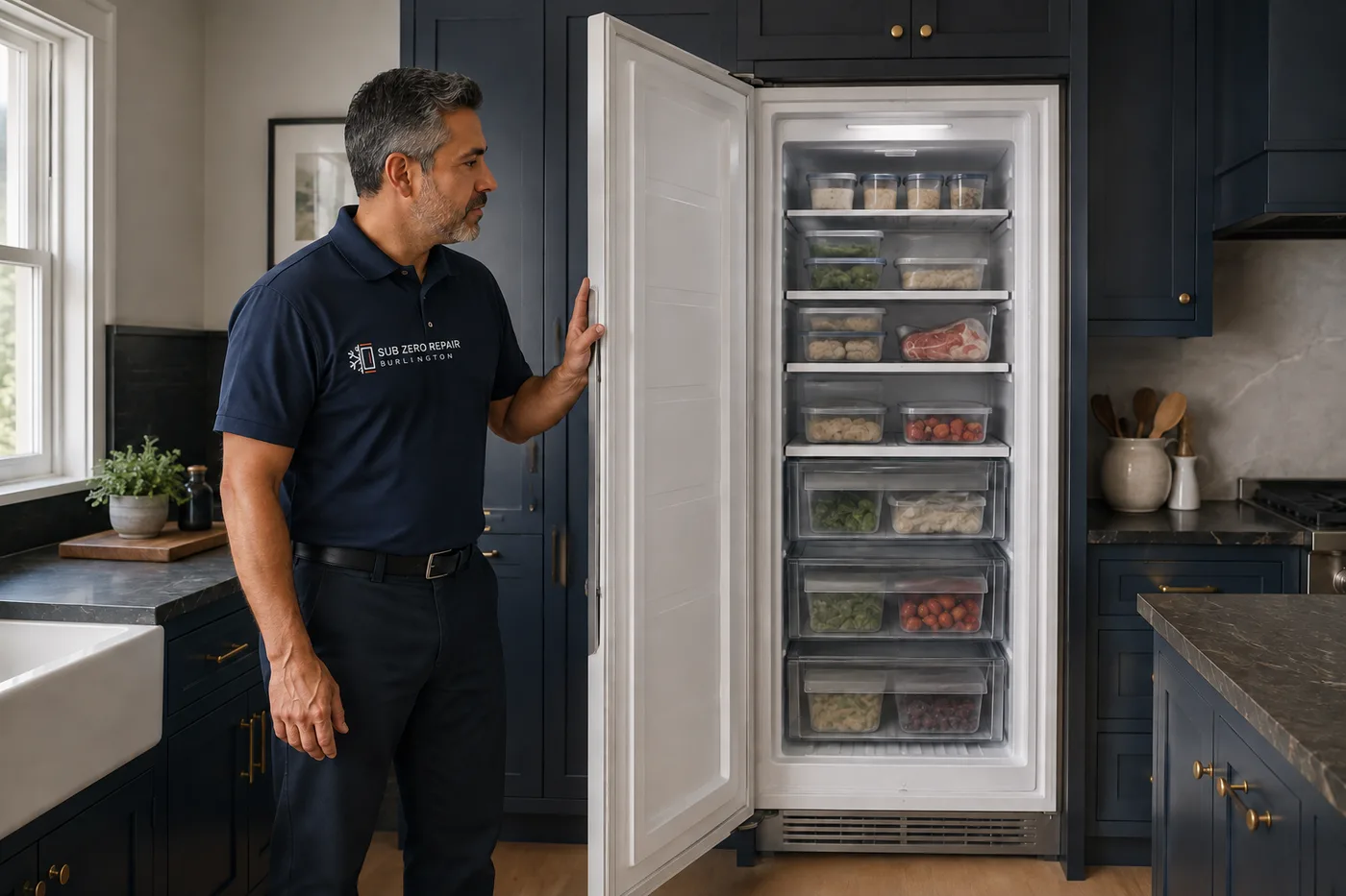 Technician inspecting a freezer in a residential kitchen