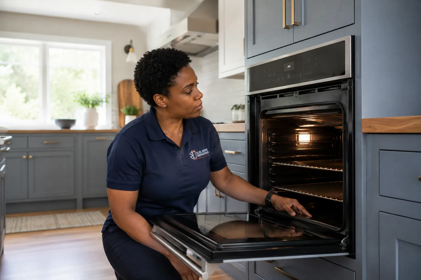 Technician inspecting an oven in a residential kitchen