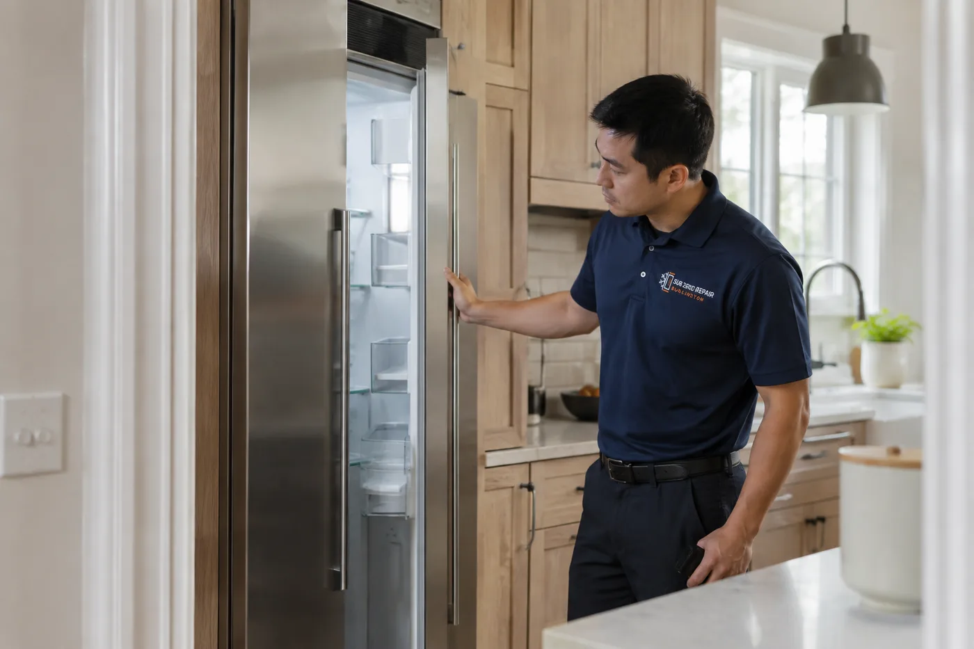 Technician inspecting a refrigerator in a residential kitchen