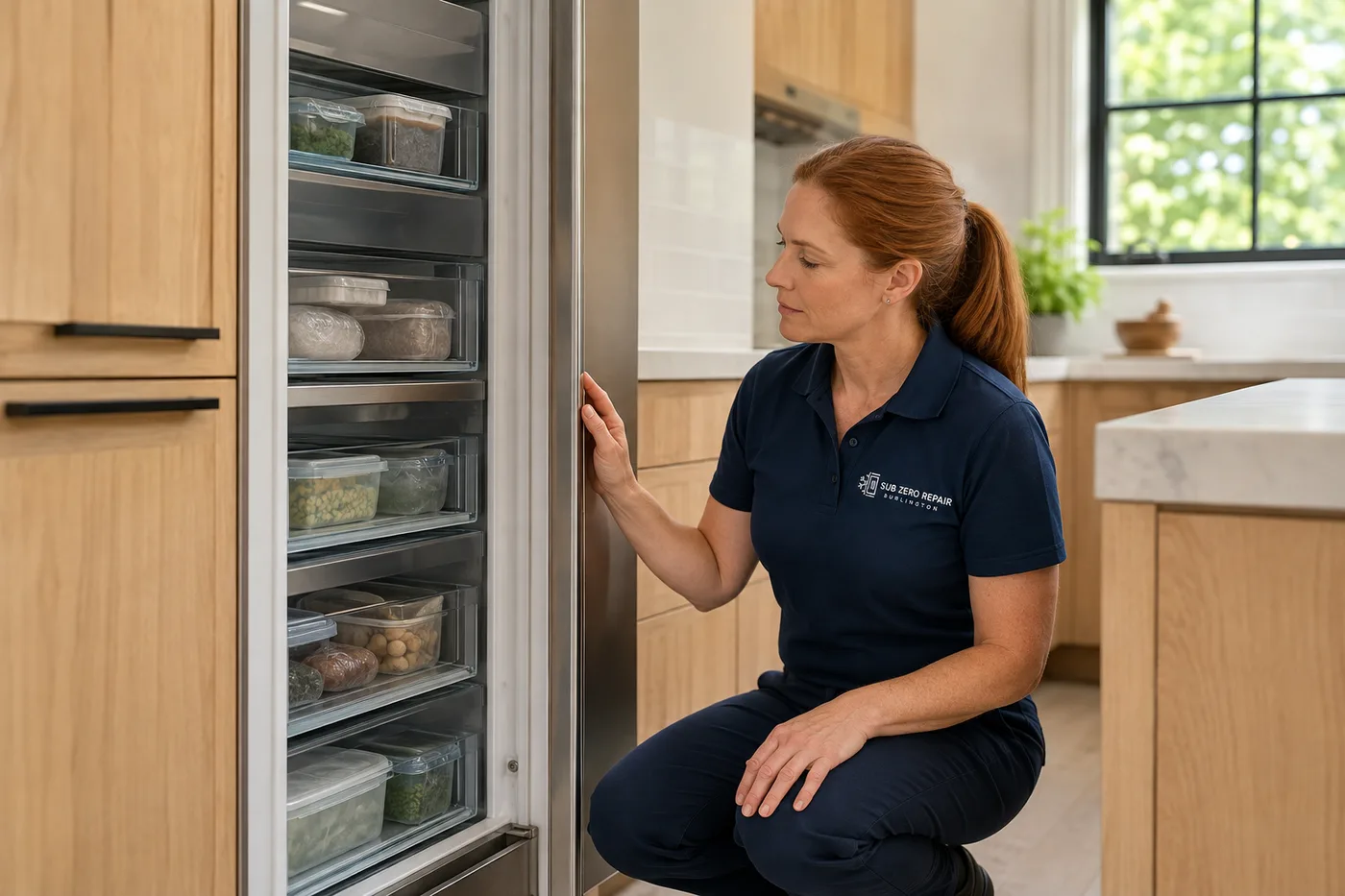 Technician inspecting a freezer in a residential kitchen