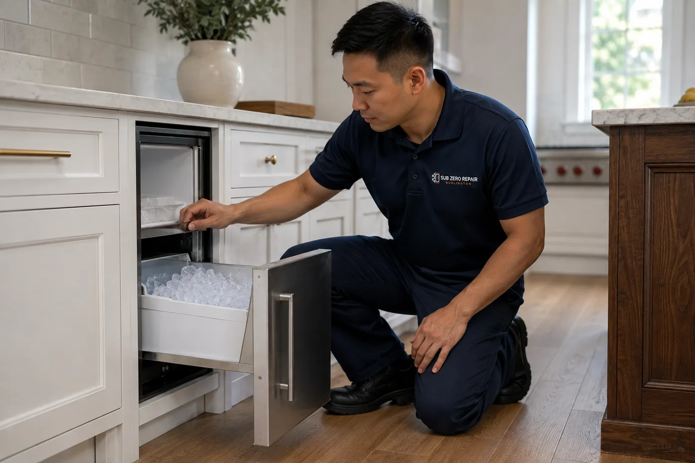 Technician inspecting an ice maker in a residential kitchen