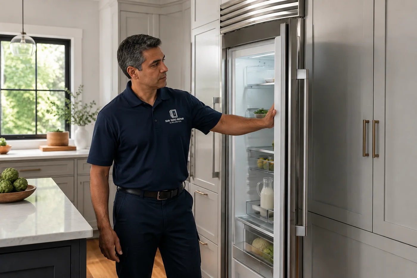 Technician inspecting a refrigerator in a residential kitchen
