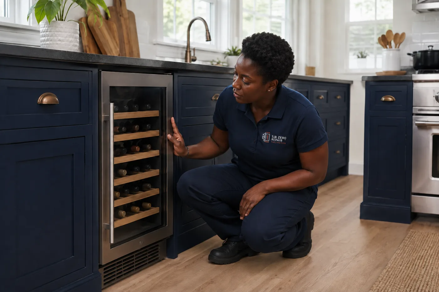 Technician inspecting a wine cooler in a residential kitchen