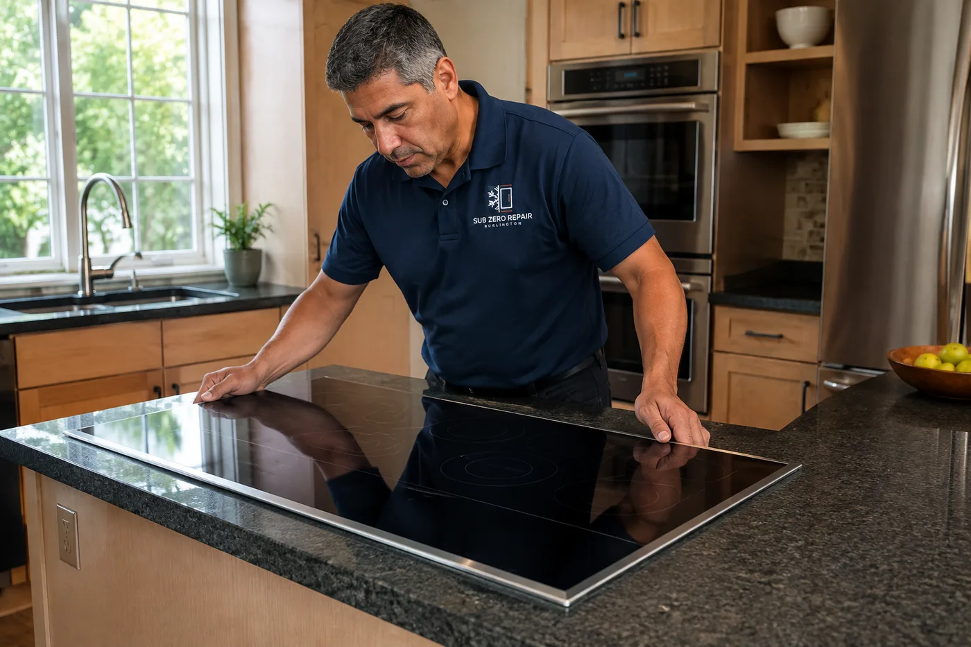 Technician inspecting a cooktop in a residential kitchen