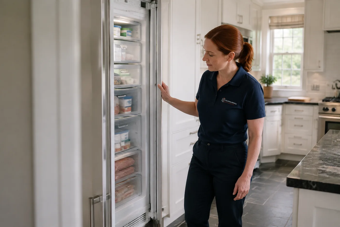 Technician inspecting a freezer in a residential kitchen