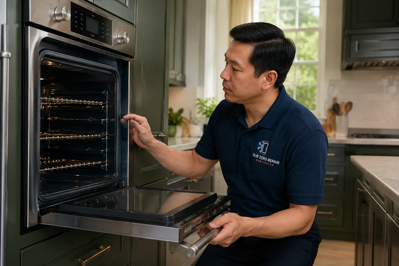 Technician inspecting an oven in a residential kitchen