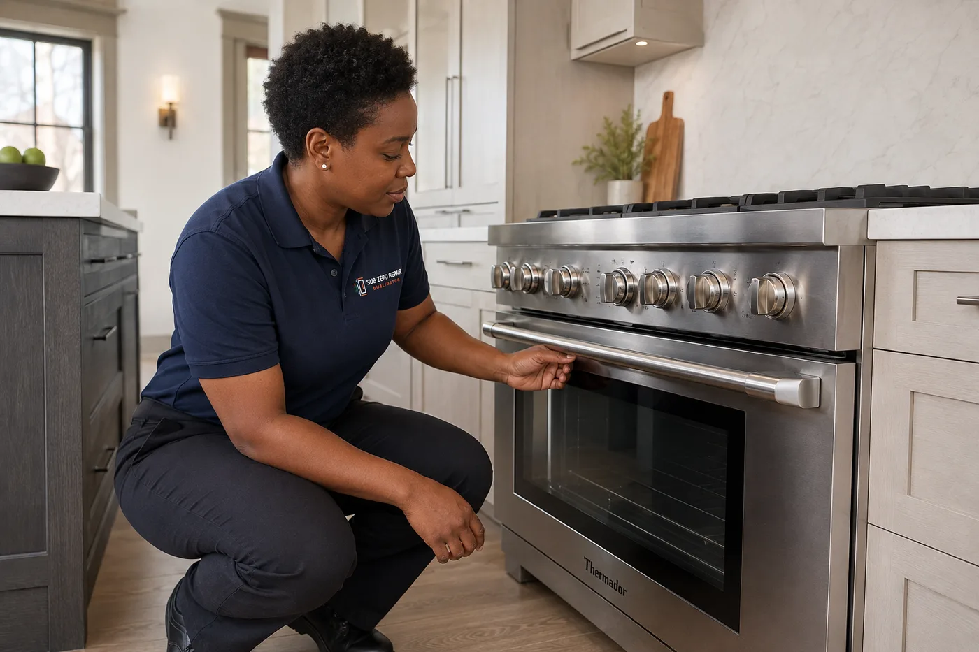 Technician inspecting a range in a residential kitchen