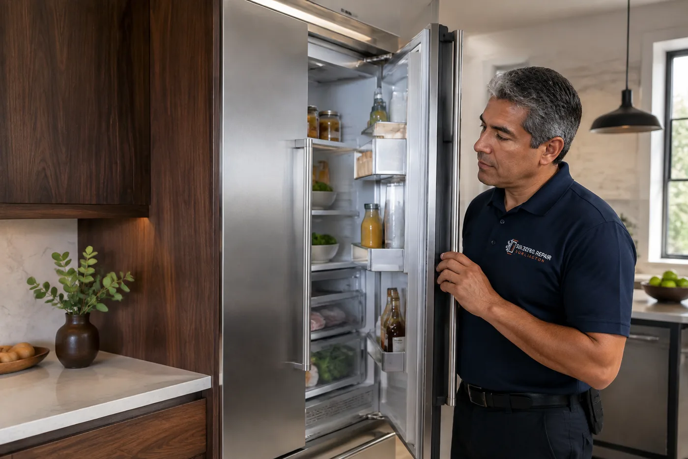 Technician inspecting a refrigerator in a residential kitchen