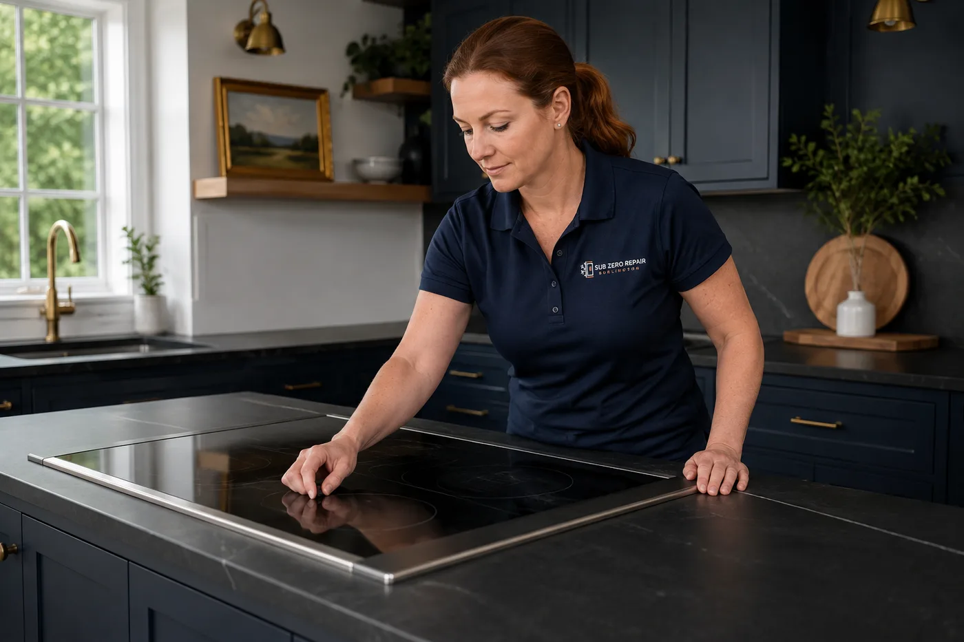 Technician inspecting a cooktop in a residential kitchen
