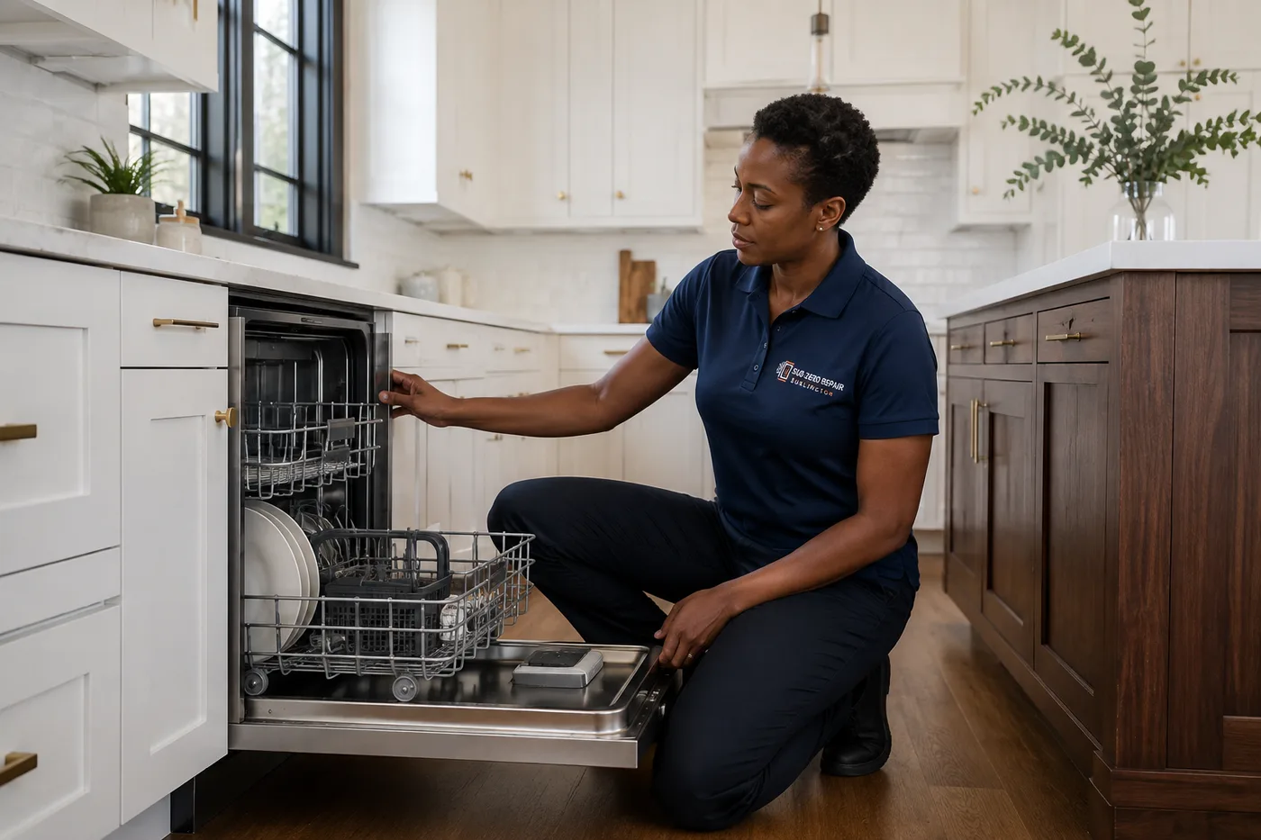 Technician inspecting a dishwasher in a residential kitchen