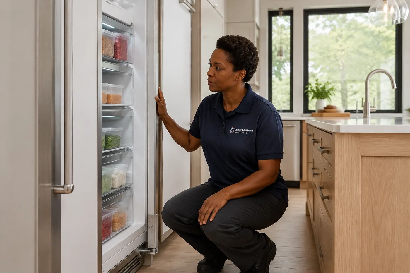 Technician inspecting a freezer in a residential kitchen