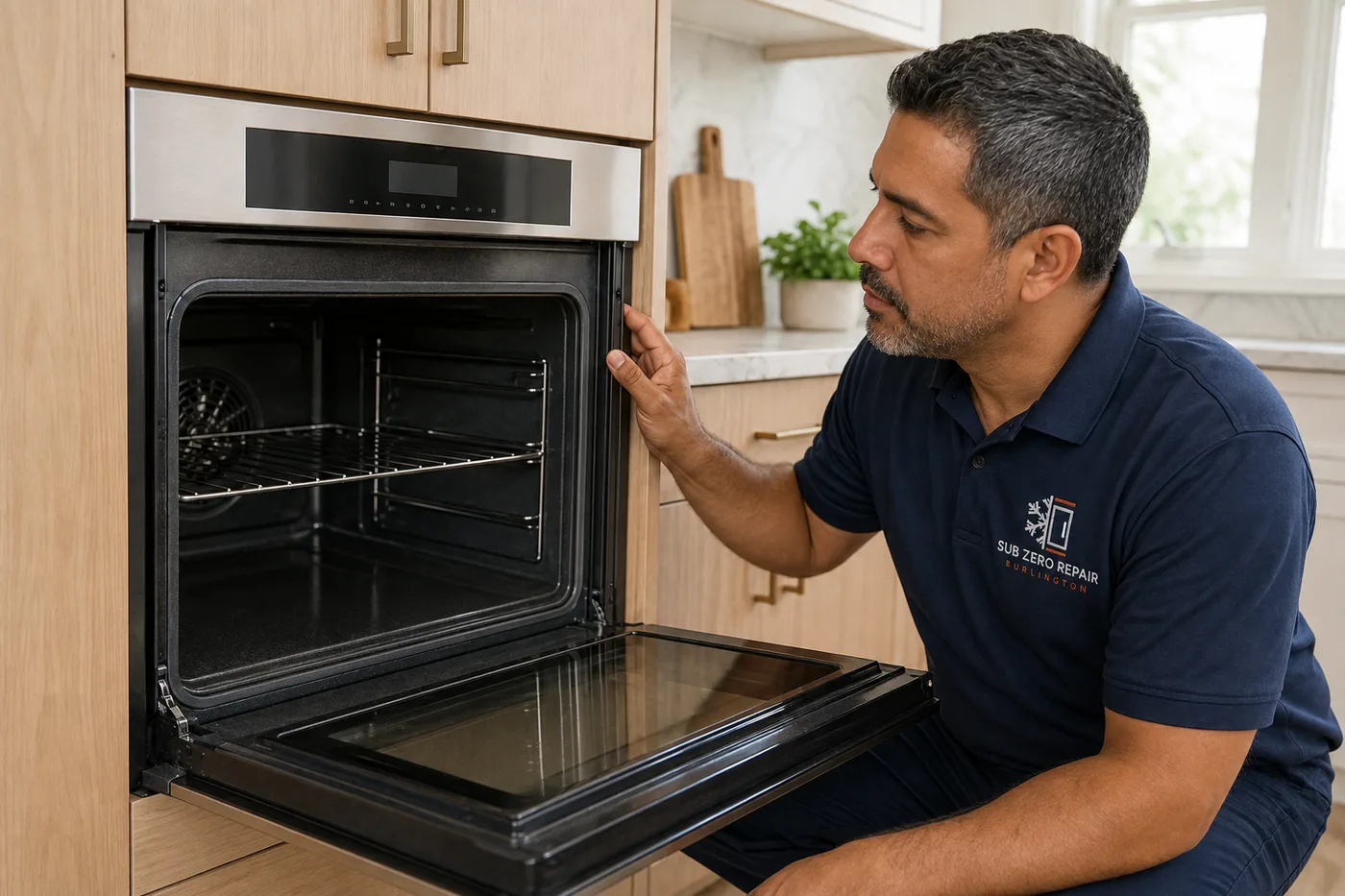 Technician inspecting an oven in a residential kitchen