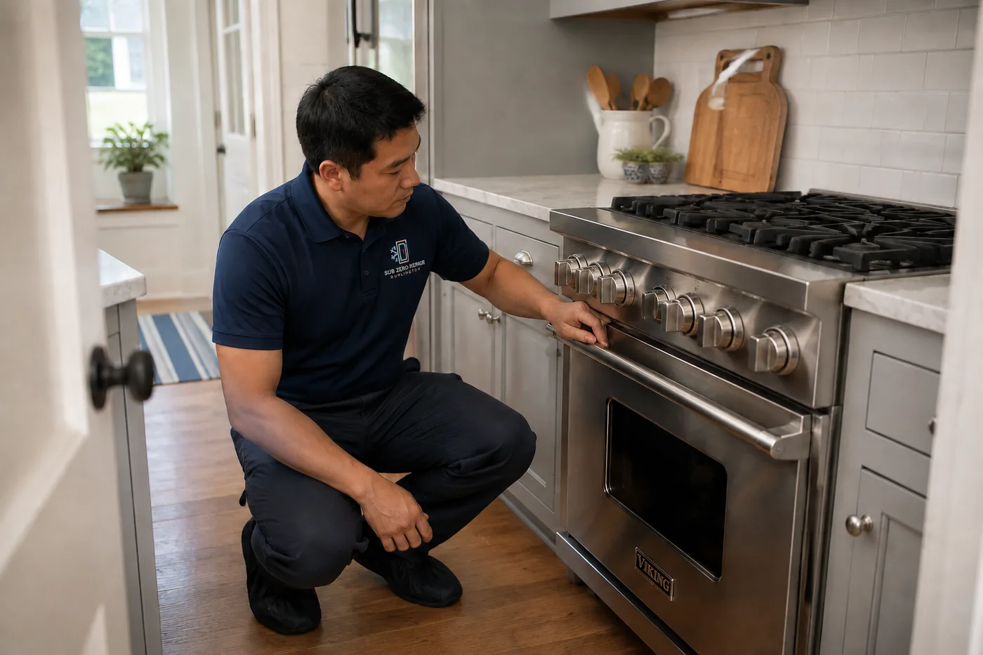 Technician inspecting a range in a residential kitchen