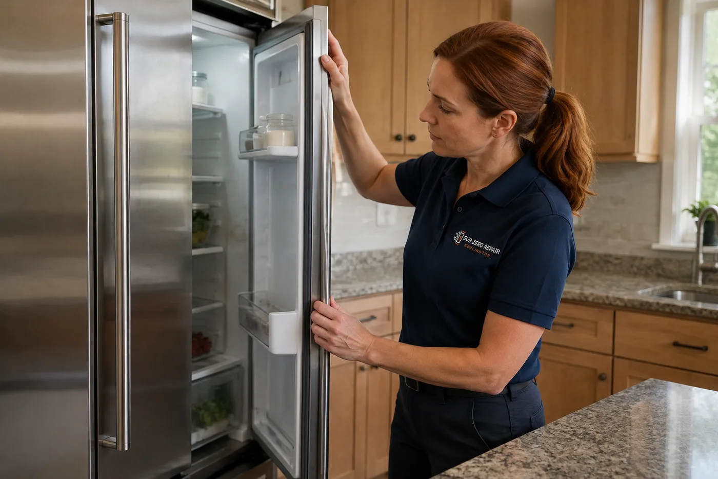 Technician inspecting a refrigerator in a residential kitchen