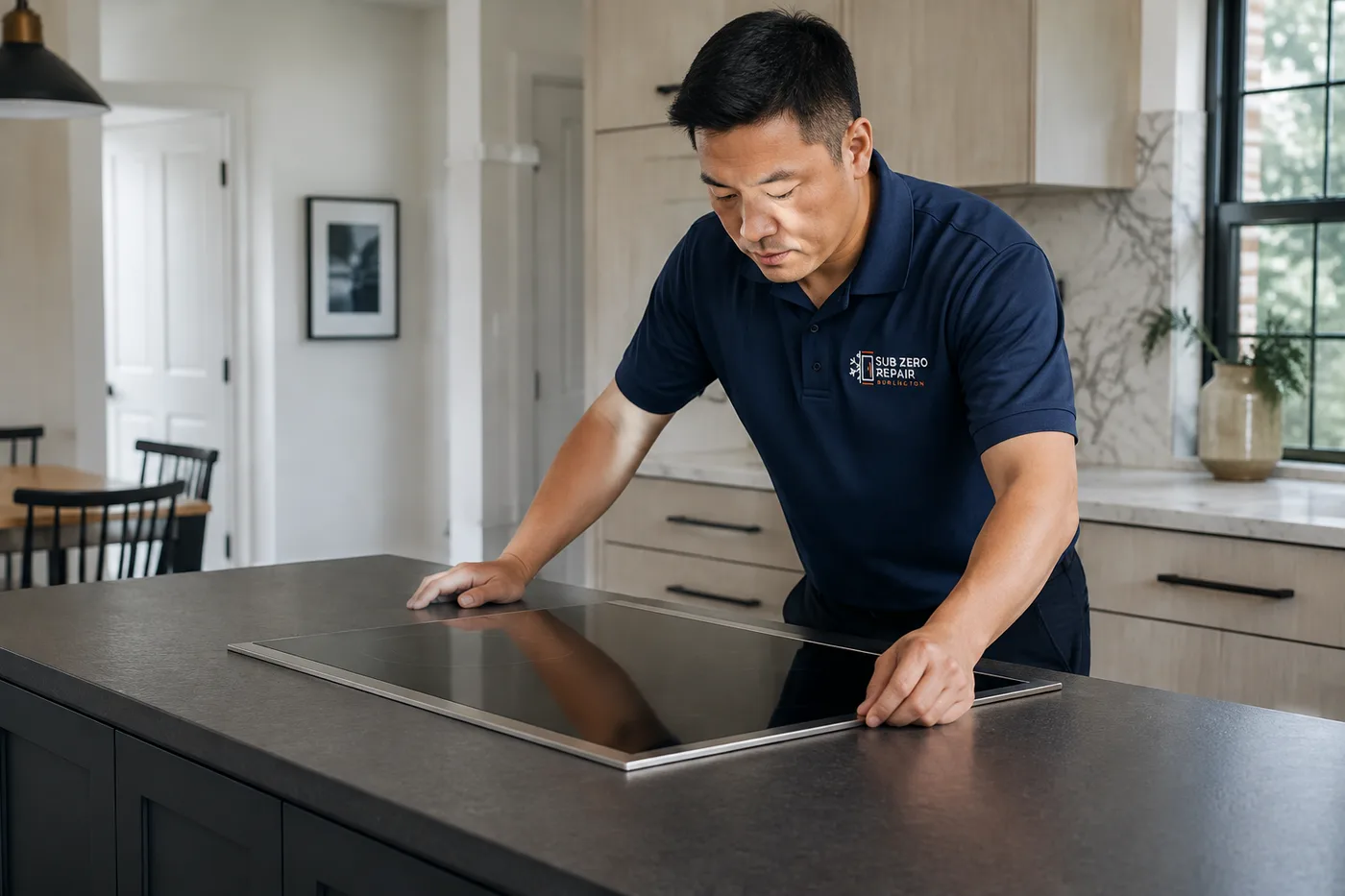 Technician inspecting a cooktop in a residential kitchen
