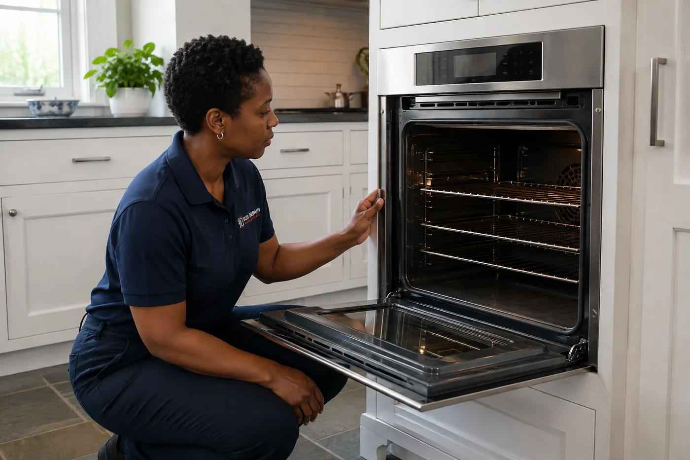 Technician inspecting an oven in a residential kitchen