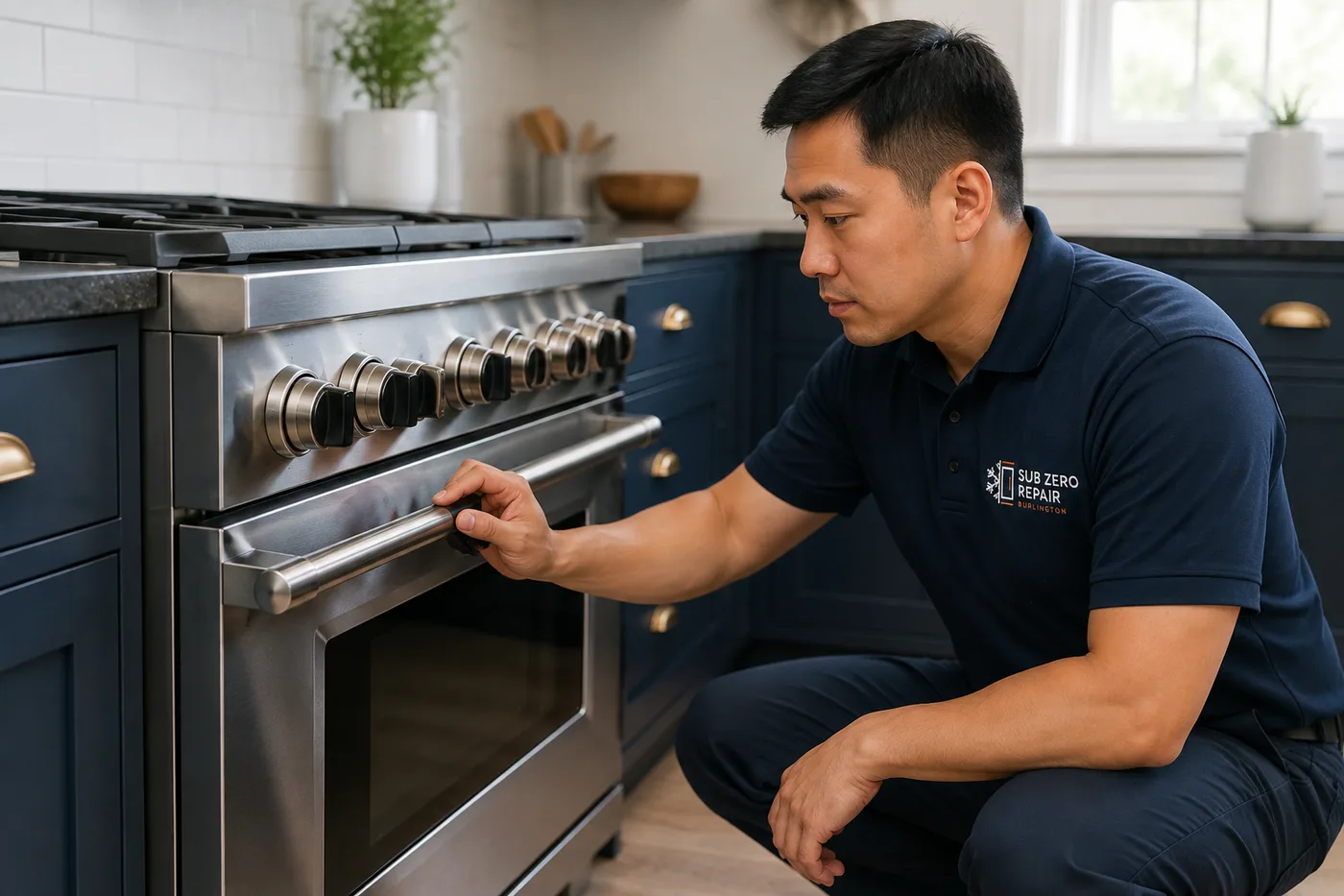 Technician inspecting a premium appliance in a residential kitchen